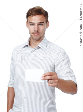 Studio, blank business card and portrait of man with mockup, introduction and isolated on white background. Signage, offer and male person with paper for news, brand announcement or deal information Studio, blank business card and portrait of man with mockup, introduction and isolated on white background. Signage, offer and male person with paper for news, brand announcement or deal information 142009587