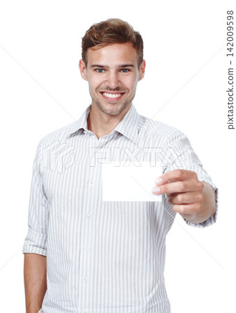 Studio, blank card and portrait of man with mockup, introduction and isolated on white background. Signage, business offer and happy male person with paper for news, announcement or deal information Studio, blank card and portrait of man with mockup, introduction and isolated on white background. Signage, business offer and happy male person with paper for news, announcement or deal information 142009598