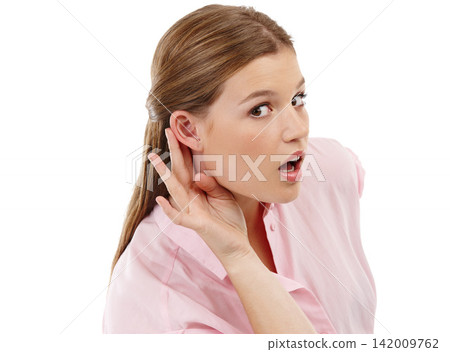 Listening, secret and girl with gossip in portrait or studio on white background cupping ear for hearing. Spy, happy and curious woman with hand gesture for eavesdropping, news and privacy rumor Listening, secret and girl with gossip in portrait or studio on white background cupping ear for hearing. Spy, happy and curious woman with hand gesture for eavesdropping, news and privacy rumor 142009762
