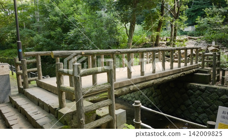 A bridge with log-style railings spanning the walking path in Todoroki Valley. A bridge with log-style railings spanning the walking path in Todoroki Valley. 142009825