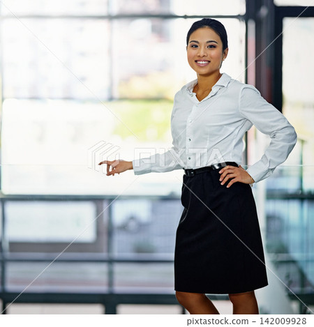 Business, girl and happy portrait in office for internship at corporate company for administrative work or tasks for developing skills. Female intern, professional and confident for future career. 142009928
