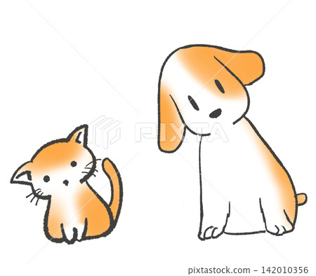 Illustration of a cat and a dog tilting their heads. Illustration of a cat and a dog tilting their heads. 142010356