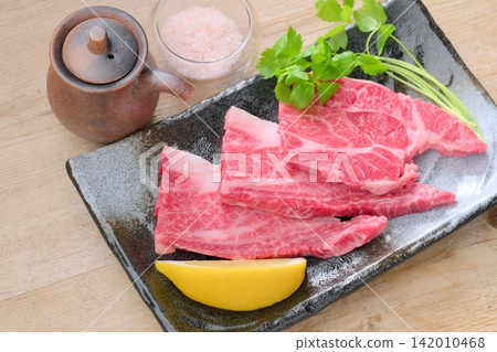 Raw, uncooked beef shoulder loin (thick cut) for yakiniku (Japanese barbecue). Raw, uncooked beef shoulder loin (thick cut) for yakiniku (Japanese barbecue). 142010468