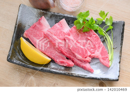 Raw, uncooked beef shoulder loin (thick cut) for yakiniku (Japanese barbecue). Raw, uncooked beef shoulder loin (thick cut) for yakiniku (Japanese barbecue). 142010469