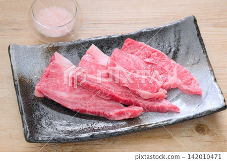 Raw, uncooked beef shoulder loin (thick cut) for yakiniku (Japanese barbecue). Raw, uncooked beef shoulder loin (thick cut) for yakiniku (Japanese barbecue). 142010471