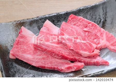 Raw, uncooked beef shoulder loin (thick cut) for yakiniku (Japanese barbecue). Raw, uncooked beef shoulder loin (thick cut) for yakiniku (Japanese barbecue). 142010474