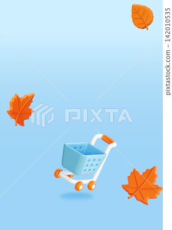 3D shopping cart with orange autumn leaves on blue banner background with copy space 3D shopping cart with orange autumn leaves on blue banner background with copy space 142010535