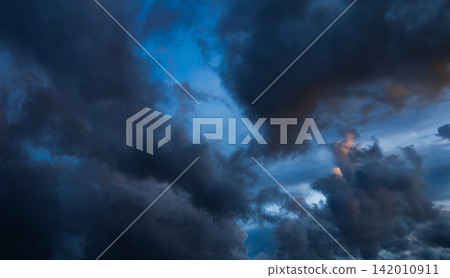 Cloud storm sky dark halloween background rain lightning thunder stoumy typhoon Nature light scene rainy atmosphere damage effect carbon dioxide dust air pollution 2.5 Pm, texture nature windstorm. 142010911
