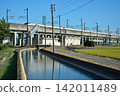 The Shinkansen and the elevated bridge reflected in the water. 142011489