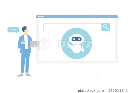 A male businessperson holding a laptop asks a question to an AI assistant. A male businessperson holding a laptop asks a question to an AI assistant. 142011841