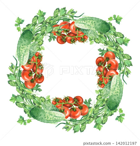 Wreath of the parsley, green onion, tomatoes and cucumbers. Watercolor illustration. Handmade art work. For packaging design, cards, cover, prints, product labels and fabric. Wreath of the parsley, green onion, tomatoes and cucumbers. Watercolor illustration. Handmade art work. For packaging design, cards, cover, prints, product labels and fabric. 142012197