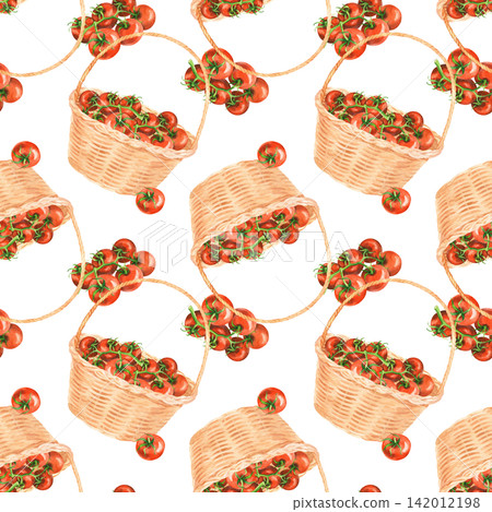 Seamless pattern of the straw basket with the tomatoes. Watercolor illustration. Handmade art work. For packaging design, cards, cover, prints, product labels and fabric. 142012198