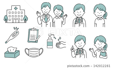 一組與醫院相關的人物和物品的簡單插圖。 一組與醫院相關的人物和物品的簡單插圖。 142012281