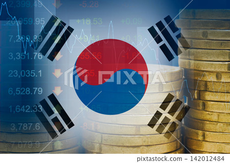 South Korea flag with stock market finance, economy trend graph digital technology. South Korea flag with stock market finance, economy trend graph digital technology. 142012484