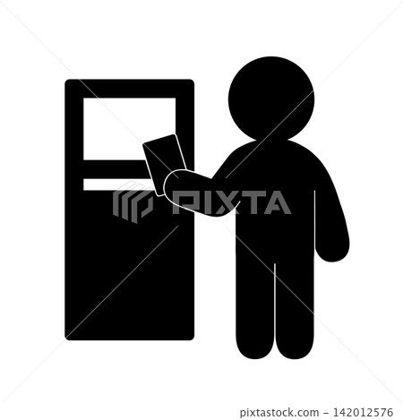 A simple pictogram of a person using an airport self-check-in machine. A simple pictogram of a person using an airport self-check-in machine. 142012576
