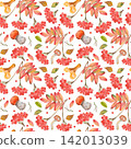 Watercolor autumn pattern with rowan berries, leaves and wild mushrooms 142013039