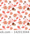 Watercolor autumn seamless pattern with rowan berries and mushrooms. 142013044