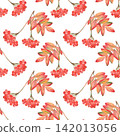 Watercolor rowan berry seamless pattern with autumn leaves 142013056