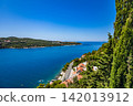 Coastal landscape with sea and cypress tree 142013912