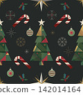 Minimalist geometric Christmas tree and elements seamless pattern on gray background square template 142014164