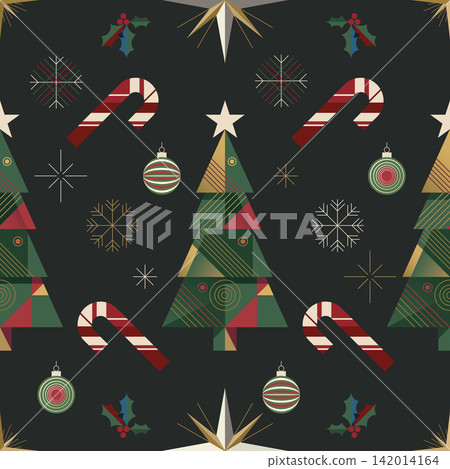 Minimalist geometric Christmas tree and elements seamless pattern on gray background square template Minimalist geometric Christmas tree and elements seamless pattern on gray background square template 142014164