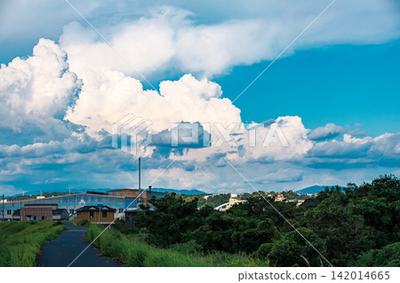 A riverbank landscape with a summer blue sky and towering cumulonimbus clouds. A riverbank landscape with a summer blue sky and towering cumulonimbus clouds. 142014665