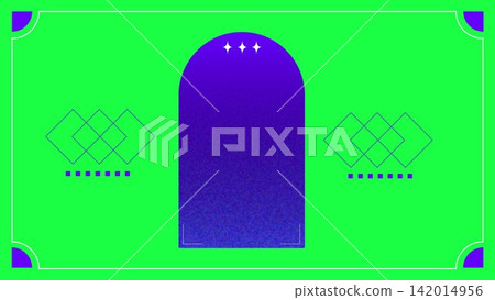 A pop retro decorative frame with a vibrant green background and purple arch. 142014956