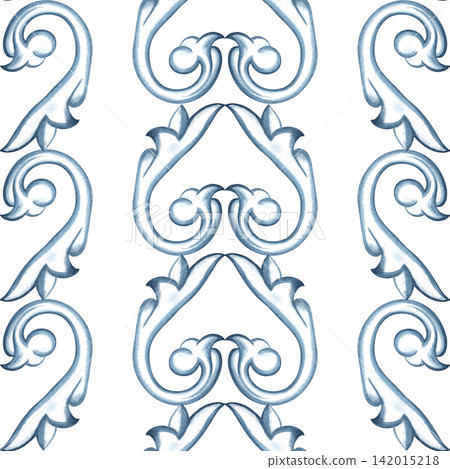 A seamless pattern with a decorative blue ornament in the Baroque style. Hand drawn watercolor illustration. Perfect for textiles, tablecloths and curtains, for prints, backgrounds, wallpaper and more 142015218