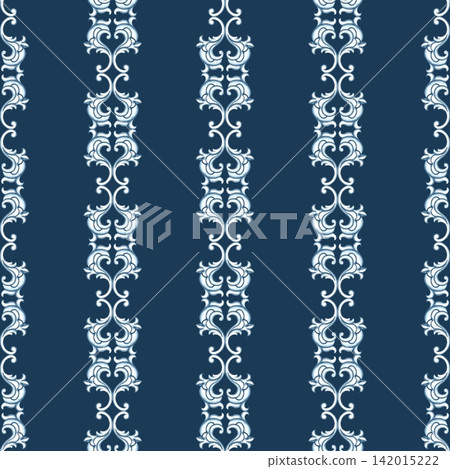 A seamless pattern with a decorative Baroque-style ornament. Hand-drawn watercolor illustration. Dark blue background. For textiles, tablecloths and curtains, for backgrounds, wallpaper and much more. A seamless pattern with a decorative Baroque-style ornament. Hand-drawn watercolor illustration. Dark blue background. For textiles, tablecloths and curtains, for backgrounds, wallpaper and much more. 142015222