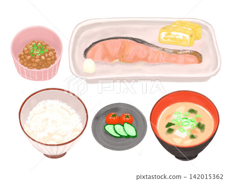 A set of illustrations for a Japanese breakfast consisting of rice, natto, miso soup, pickles, salmon, omelet, and tomato. 142015362