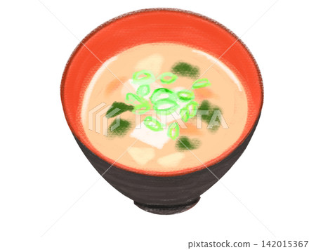 一幅插圖,描繪了一碗看起來很美味的味噌湯,盛在黑色碗中,裡面有海帶、豆腐、白蘿蔔、胡蘿蔔和蔥。 一幅插圖,描繪了一碗看起來很美味的味噌湯,盛在黑色碗中,裡面有海帶、豆腐、白蘿蔔、胡蘿蔔和蔥。 142015367