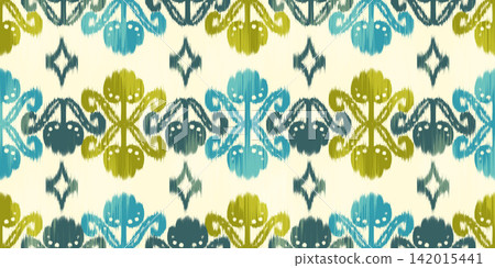Ikat seamless pattern with floral ethnic motif. Rug textured batik print for textile and fabric. Vintage traditional background with ornament. Ikat seamless pattern with floral ethnic motif. Rug textured batik print for textile and fabric. Vintage traditional background with ornament. 142015441