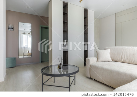 Modern Open-Plan Living Room and Hallway Interior View 142015476