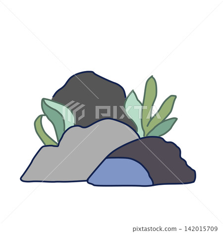 A hand-drawn style illustration depicting rocks covered in seaweed. A hand-drawn style illustration depicting rocks covered in seaweed. 142015709