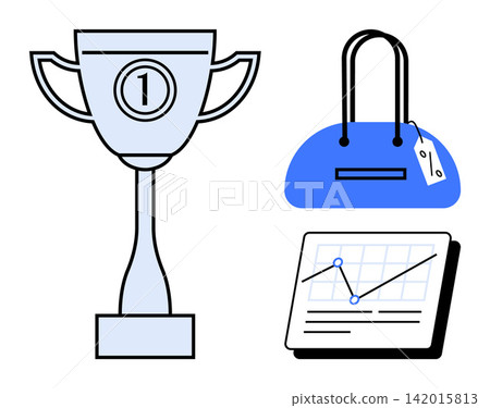 Achievement, retail, business analytics, success, e-commerce, financial growth. A trophy, a handbag with a tag and a graph. Achievement and business analytics are displayed Achievement, retail, business analytics, success, e-commerce, financial growth. A trophy, a handbag with a tag and a graph. Achievement and business analytics are displayed 142015813