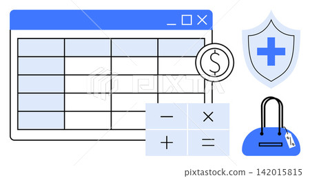 Financial planning, budgeting, e-commerce, economic safety, healthcare costs, secure transactions. A spreadsheet, calculator icons shield symbol and shopping bag. Financial planning and budgeting 142015815