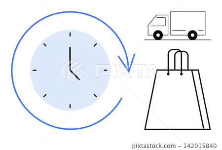 Fast shipping, quick delivery, logistics, e-commerce, online shopping, time management. Minimalistic clock with arrow, truck and shopping bag. Fast shipping and quick delivery ideas Fast shipping, quick delivery, logistics, e-commerce, online shopping, time management. Minimalistic clock with arrow, truck and shopping bag. Fast shipping and quick delivery ideas 142015840