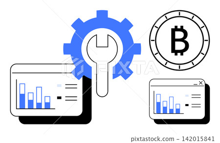 Cryptocurrency, blockchain solutions, financial analytics, fintech, data security, software management. Bitcoin symbol, gear icon and analytics charts. Cryptocurrency and blockchain solutions Cryptocurrency, blockchain solutions, financial analytics, fintech, data security, software management. Bitcoin symbol, gear icon and analytics charts. Cryptocurrency and blockchain solutions 142015841