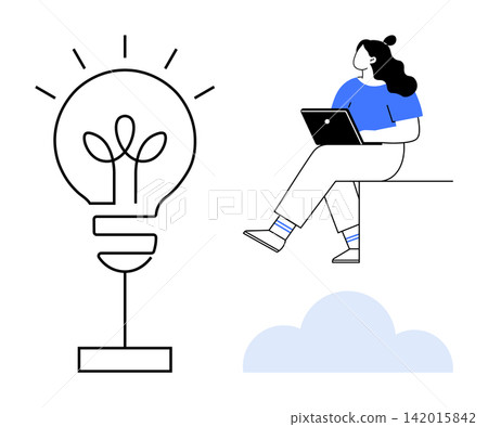 Creativity, innovation, remote work, brainstorming, technology, cloud computing. Stylized woman with laptop sitting on a cloud near a large lightbulb. Creativity and brainstorming concept Creativity, innovation, remote work, brainstorming, technology, cloud computing. Stylized woman with laptop sitting on a cloud near a large lightbulb. Creativity and brainstorming concept 142015842