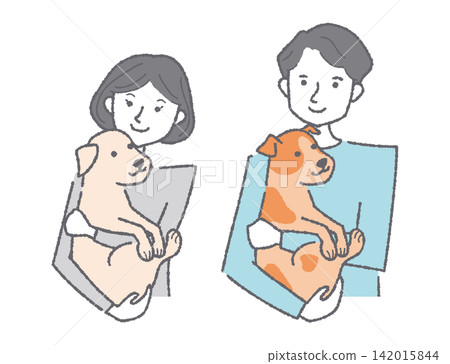 A smiling young woman and man couple holding a dog. A smiling young woman and man couple holding a dog. 142015844