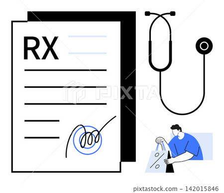 Healthcare delivery, telemedicine, online pharmacy, doctor-patient interaction, e-prescriptions, remote diagnosis. Prescription sheet, stethoscope man handling delivery. Telemedicine and online Healthcare delivery, telemedicine, online pharmacy, doctor-patient interaction, e-prescriptions, remote diagnosis. Prescription sheet, stethoscope man handling delivery. Telemedicine and online 142015846