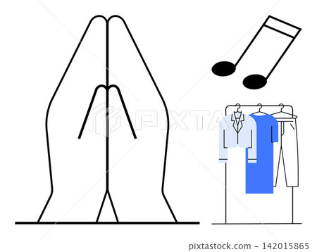 Religion, music, lifestyle, fashion, spirituality, art. Praying hands, musical note and garments on hangers. Religion and music concept conveying faith and creativity in everyday life Religion, music, lifestyle, fashion, spirituality, art. Praying hands, musical note and garments on hangers. Religion and music concept conveying faith and creativity in everyday life 142015865