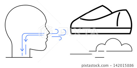 Health education, respiratory system, eco transport, air quality, innovation, sustainable design. Diagram of air passage in human body and vehicle above a cloud. Health education and respiratory Health education, respiratory system, eco transport, air quality, innovation, sustainable design. Diagram of air passage in human body and vehicle above a cloud. Health education and respiratory 142015886