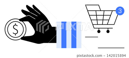 Online shopping, e-commerce, financial transactions, digital payments, retail sales, and cart notifications. A hand with a coin and a shopping cart with a notification symbol. E-commerce and online Online shopping, e-commerce, financial transactions, digital payments, retail sales, and cart notifications. A hand with a coin and a shopping cart with a notification symbol. E-commerce and online 142015894