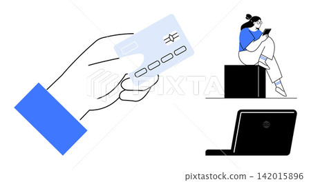 E-commerce, online payments, remote shopping, technology, financial transactions, digital connectivity. Hand holding a credit card, person using a device laptop on display. E-commerce and online E-commerce, online payments, remote shopping, technology, financial transactions, digital connectivity. Hand holding a credit card, person using a device laptop on display. E-commerce and online 142015896