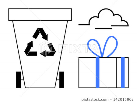 Recycling, waste management, sustainability, eco-friendly gifts, environmental awareness, packaging. Waste bin with recycling symbol, cloud and gift box. Recycling and waste management concept Recycling, waste management, sustainability, eco-friendly gifts, environmental awareness, packaging. Waste bin with recycling symbol, cloud and gift box. Recycling and waste management concept 142015902
