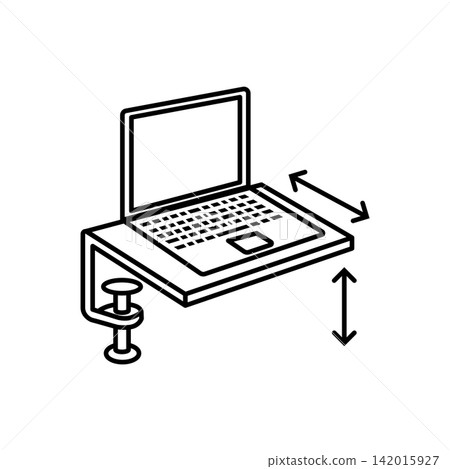 Line art illustration of a laptop desk extender tray attached with a clamp to raise screen height ergonomically. Line art illustration of a laptop desk extender tray attached with a clamp to raise screen height ergonomically. 142015927