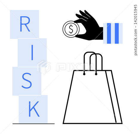 Financial risk, investment decisions, consumer spending, shopping risks, budgeting, economic planning. Hand holding coin with shopping bag and blocks spelling risk. Financial risk and investment 142015945