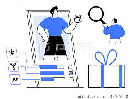Fitness tracking, health monitoring, mobile apps, wellness goals, online rewards, progress visualization. A phone screen fitness metrics, human icons a magnifying glass and a gift box. Fitness Fitness tracking, health monitoring, mobile apps, wellness goals, online rewards, progress visualization. A phone screen fitness metrics, human icons a magnifying glass and a gift box. Fitness 142015948