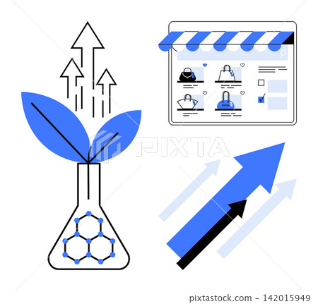 E-commerce, sustainability, innovation, digital marketing, eco-friendly growth, market analysis. ion of a plant in a flask, online store interface and upward arrows. Sustainability and e-commerce 142015949
